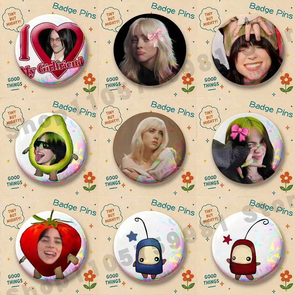 Funny B-Billie E-Eillish Round Pins Cartoon Brooches Stylish Ornament Badge for Backpack Accessorys Gifts