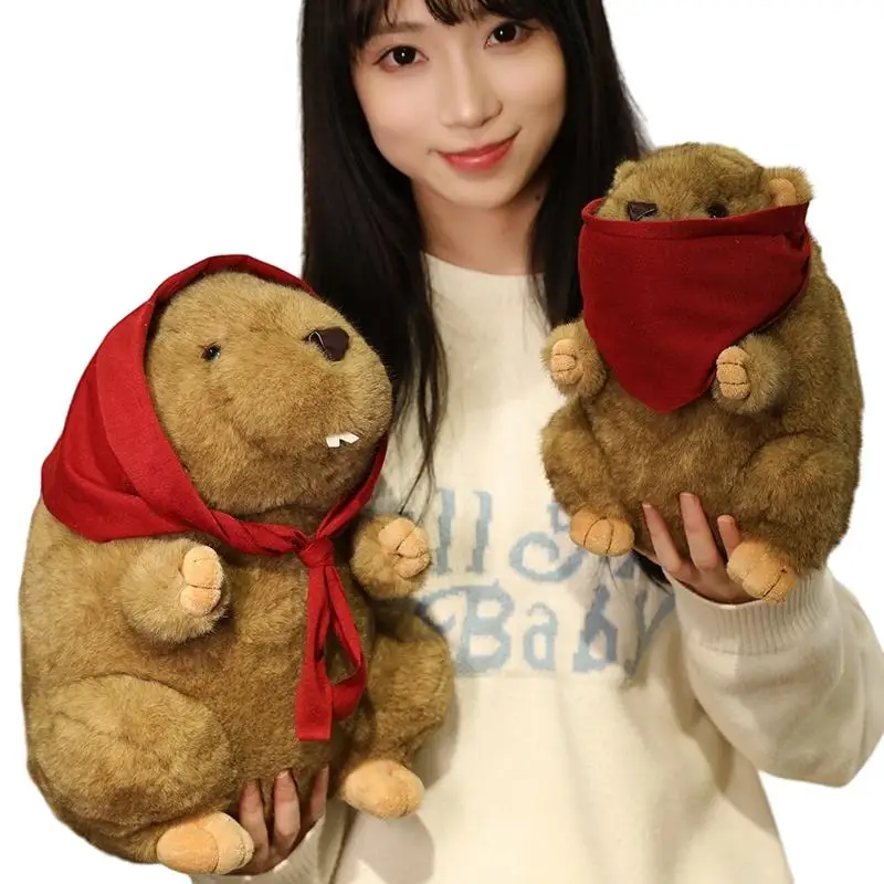

Brown Marmot Doll Plush Toy Stuffed Red Scarf Cartoon Wild Fatty Animal Standing Plush Toy Kawaii Birthday Gift
