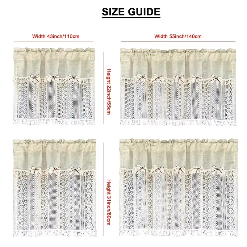 1PC Vintage Crochet Lace Tier Curtain, Rod Pocket with Bowknot Decor, Tassel Bottom Semi Sheer Cafe Curtain for Cabinet Kitchen
