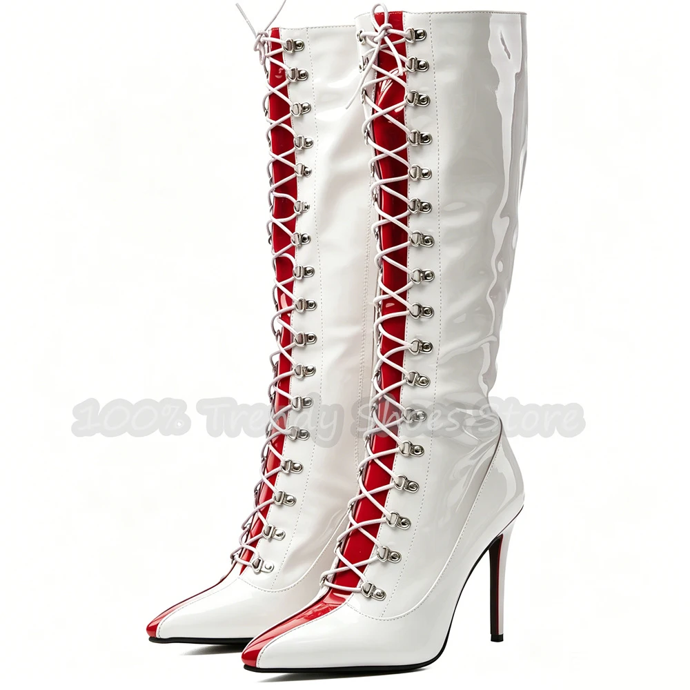 Women Mixed Color Patent Leather Knee High Boots Pointed Toe Lace Up High Heel Long Boots Nightclub Party Cosplay Dress Boots