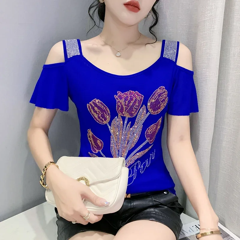 

Women T-shirt High Quality Short Sleeve Sexy Off Shoulder Tops Drilling Clothes Summer New Butterfly Hot Diamonds