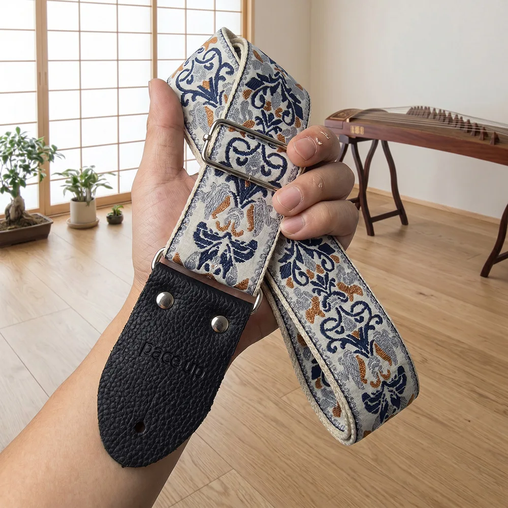 Embroidered Guitar Strap Soft Vintage Flowers Adjustable Guitar Straps Creative Watch Bands Polyester Belt & Leather Head ﻿ ﻿