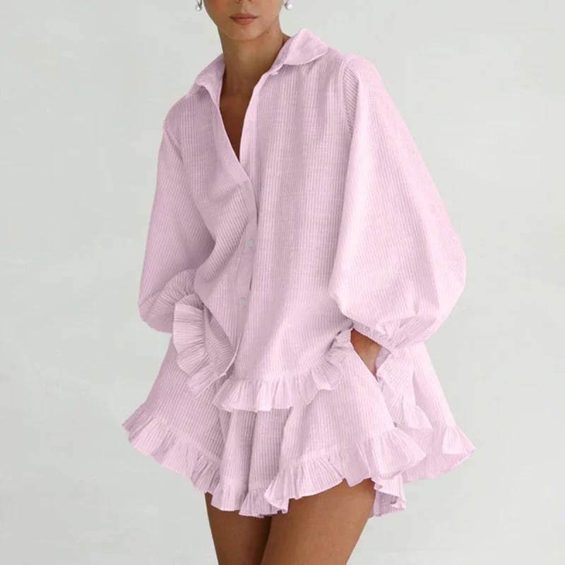 

Fashion Striped Suit For Women Laple Puff Sleeve Ruffled Shirt Loose Casual Shorts Two Piece Set Summer Fashion Outfits