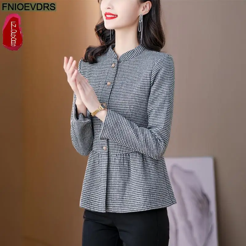 S-2XL 2023 Women Autumn Casual Slim Tunic Peplum Tops And Blouses Outer Wear Elegant Office Lady Work Button Plaid Shirts