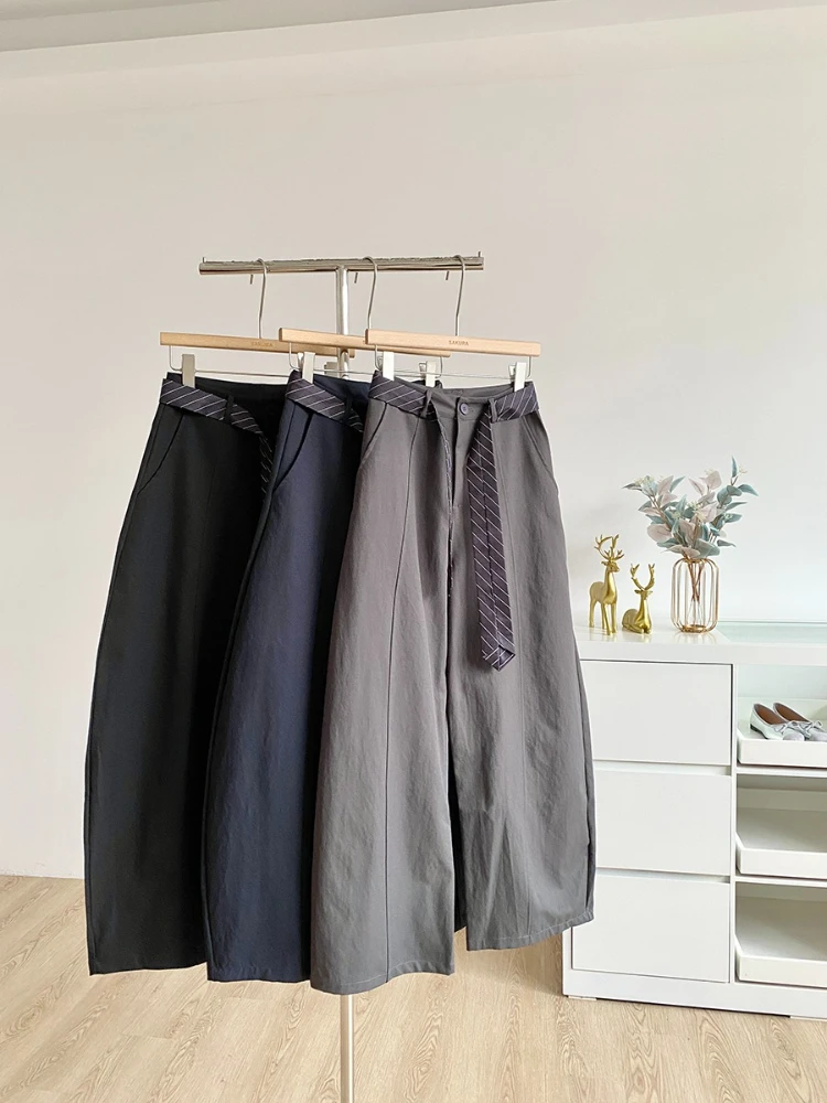 2025 خريف جديد الكورية نمط تصميم عصري فضفاض عالية الخصر تنوعا سراويل تقليدية الصلبة بنطال ذو قصة أرجل واسعة للنساء