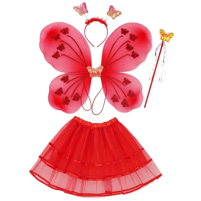 Girl Performance RolePlay Butterflies Costumes Princess Fairy Wings Magic Wand Headband Skirt 4Pcs Halloween Cosplay Party Props