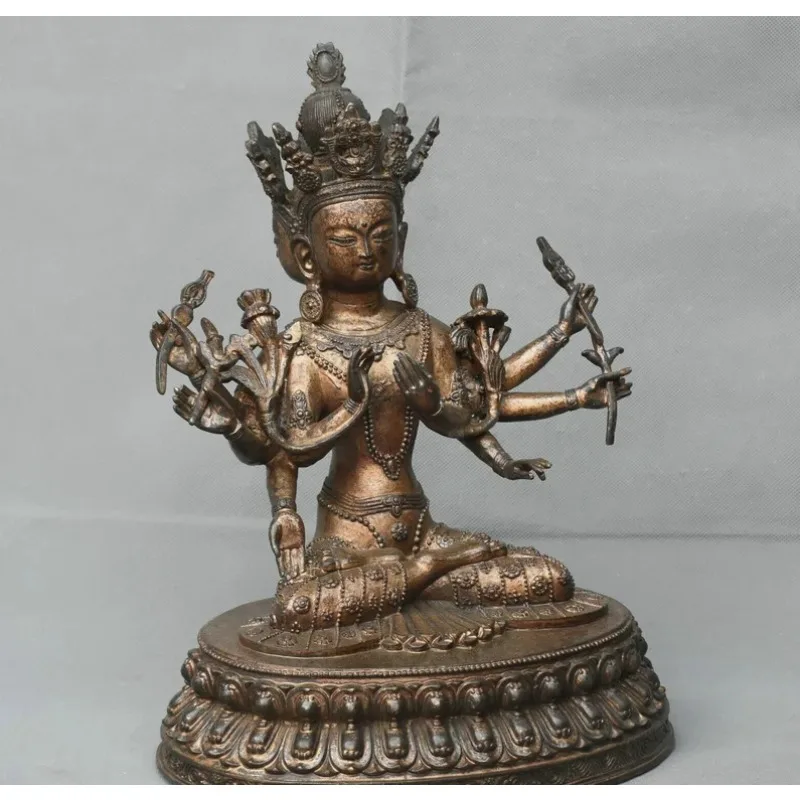 12" Old Tibet Bronze Gilt 3 Head 8 Arms Namgyalma & Ushnishavijaya Buddha Statue