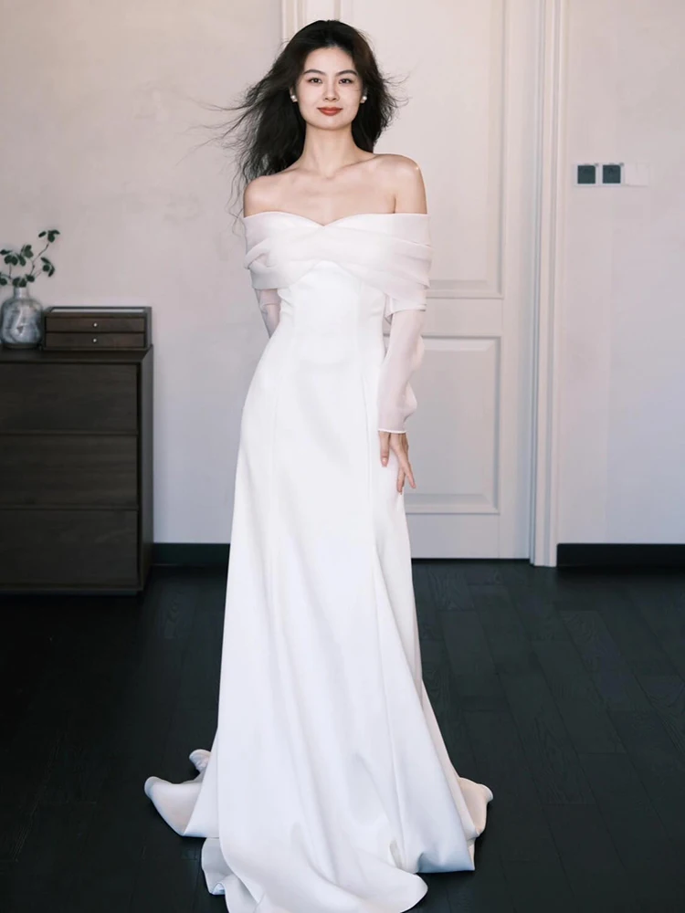 Matrimonio leggero in raso di seta Dr One oulder Abito da sposa lungo Sve Foto di viaggio all'aperto Nuovo vestito Ele 2025