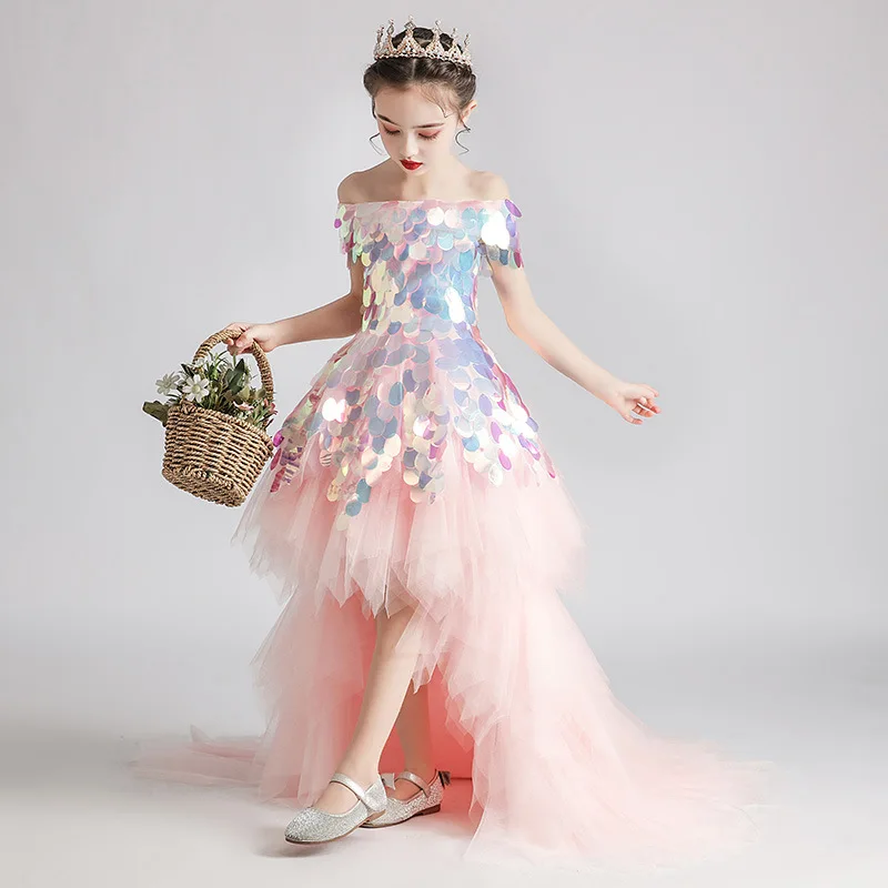 

Luxury Birthday Party Dress for Little Girl Kids Cute Sequin Long Evening Gowns Formal Children Wedding Pageant Ceremony Dresses