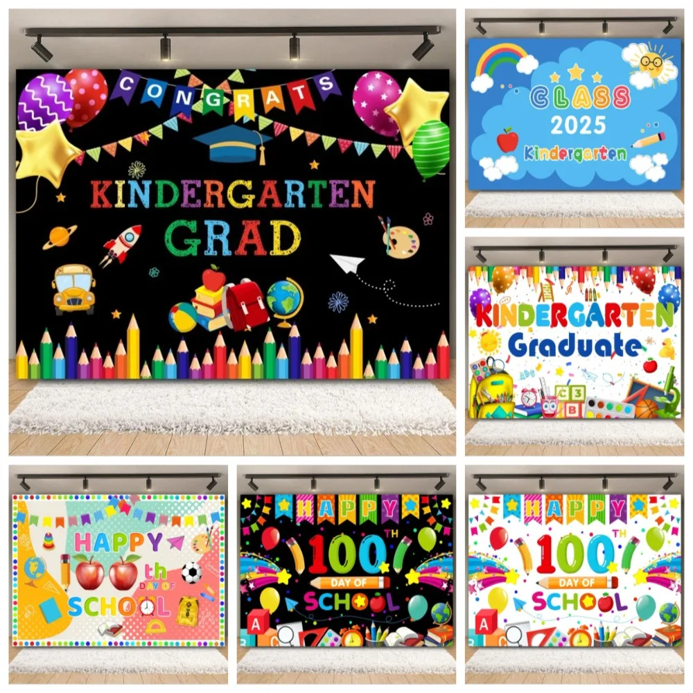 

Happy Kindergarten Classroom Pencil Ball Banner Photography Background, Children's Birthday Party Photography Studio Background