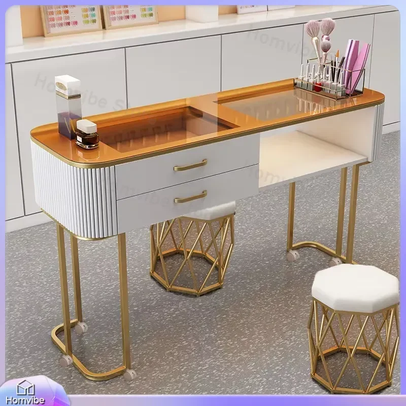Nordic Modern Nail Table with Glass Top and Metal Frame Adjustable Height Portable Salon Pedicure Table for Manicure Nail Art