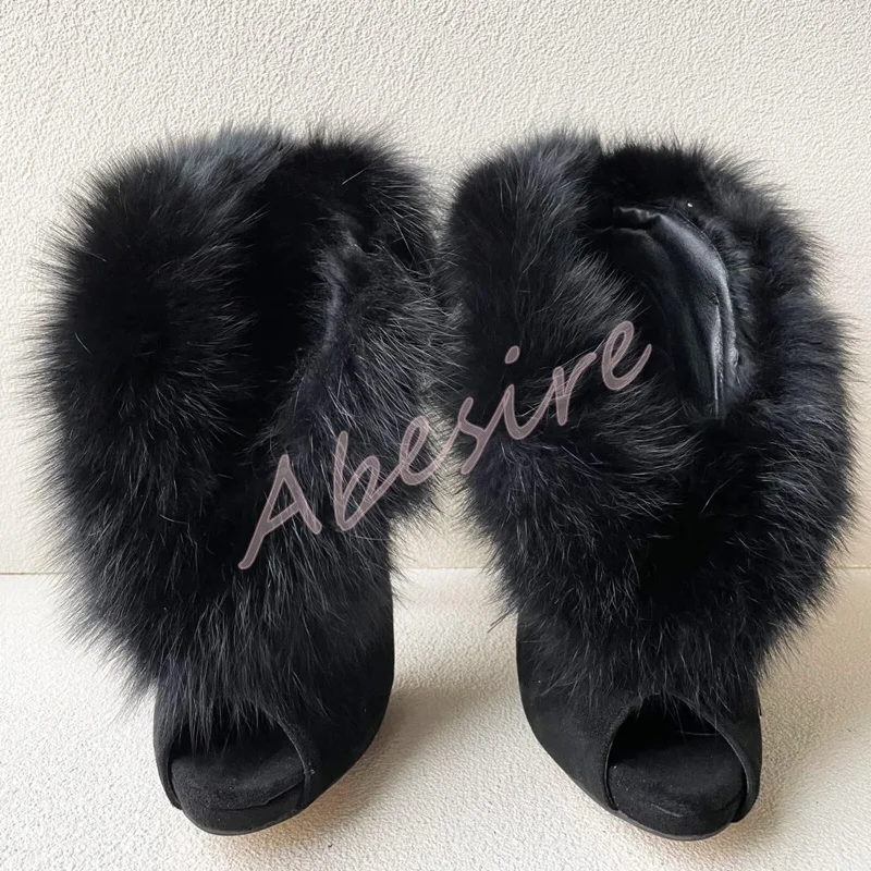 Autumn Suede Open-Toe Bare Boots Original Stiletto Heels Slip-On Furry High Heels Fashion Party Trend Banquet Short Boots 46 view 4