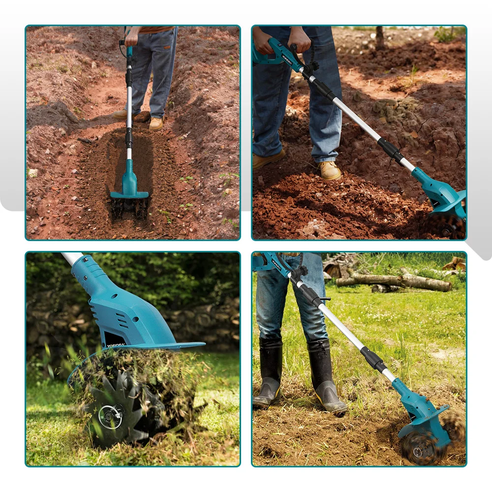 YOFIDRA Elektrische Gartenfräse, Kultivator, Vertikutierer, faltbare Bodenfräse, Bodenlockerer, Gartenwerkzeug für Makita 21V Akku – Detail 12