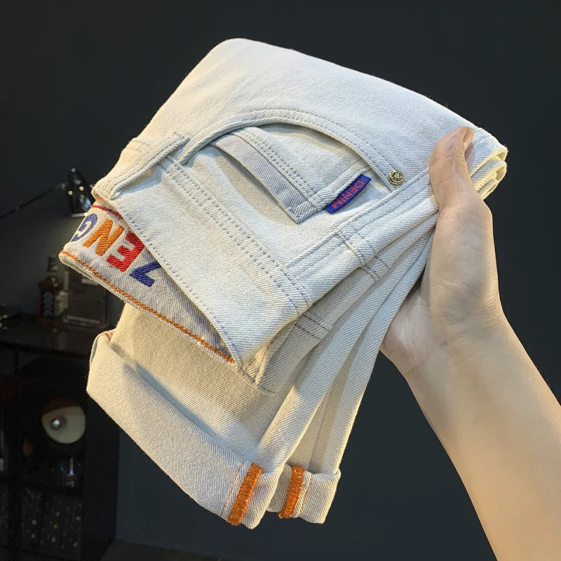 

white jeans 's autumn 2025 men's trend small straight foot comfortable casual light elastic clothing