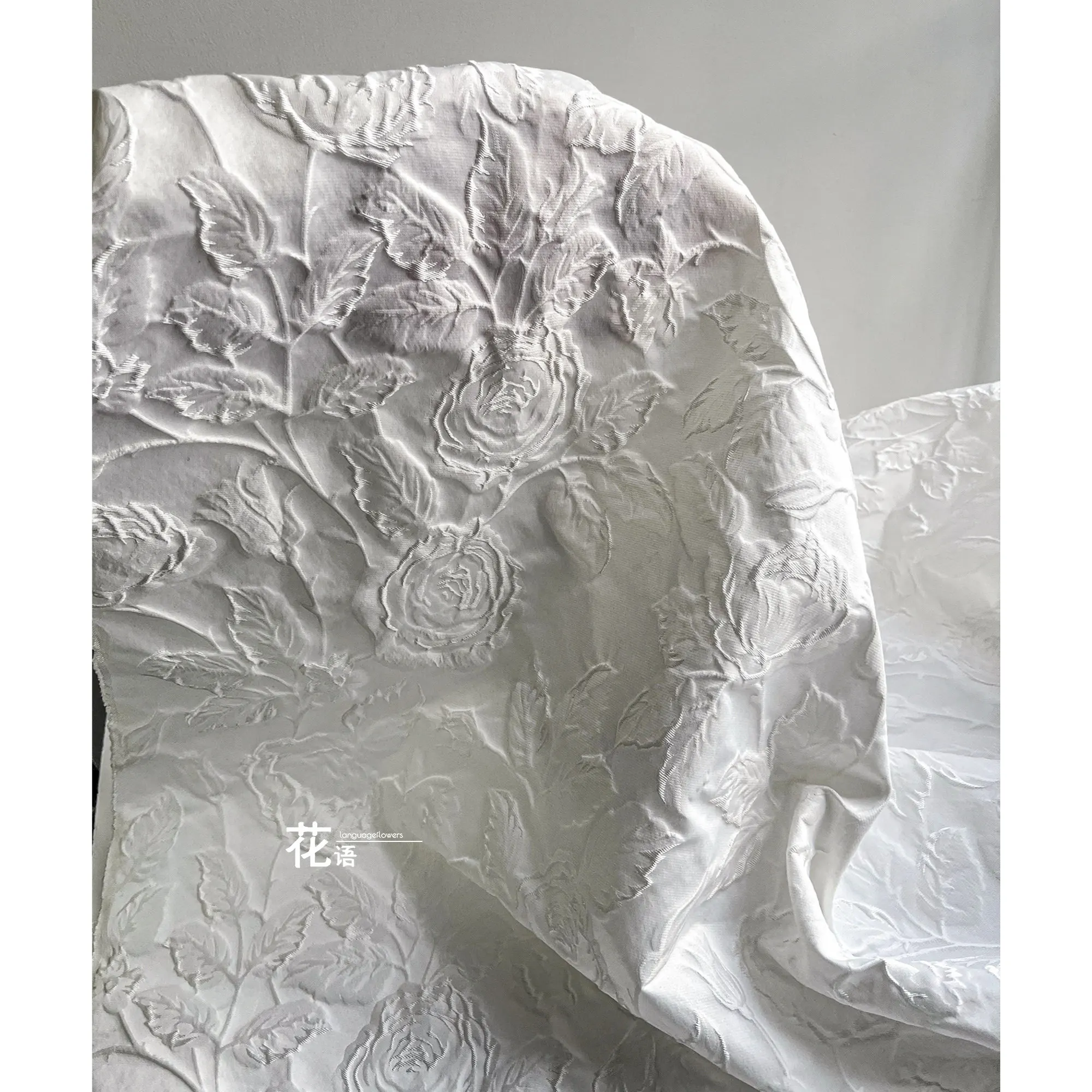White Rose Polyester Jacquard Designer Fabric Dimensional Floral Relief Texture for Creative Projects and Costume Making
