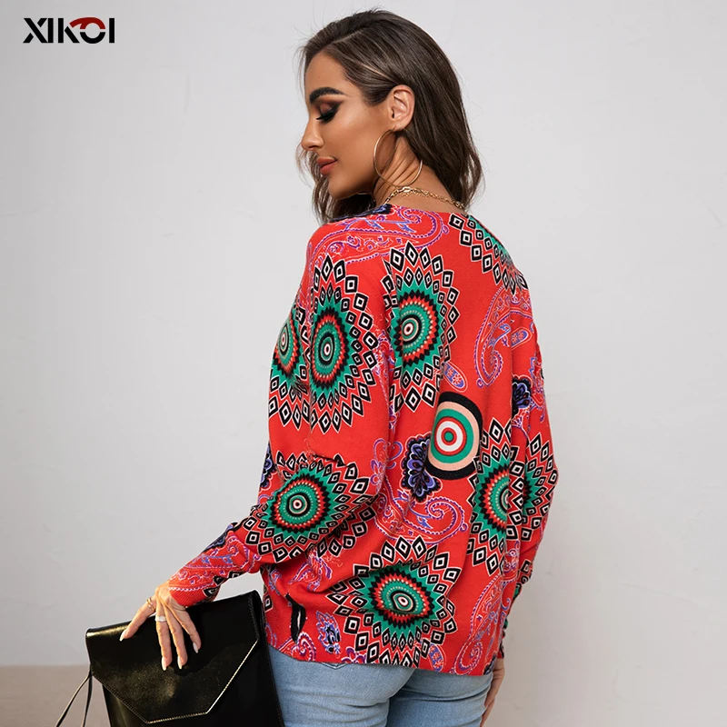 Ladies Autumn Winter Print Knitted Loose Sweater Women Pullover Tops Long Sleeve O Neck Casual Oversized Fashion Streetwear