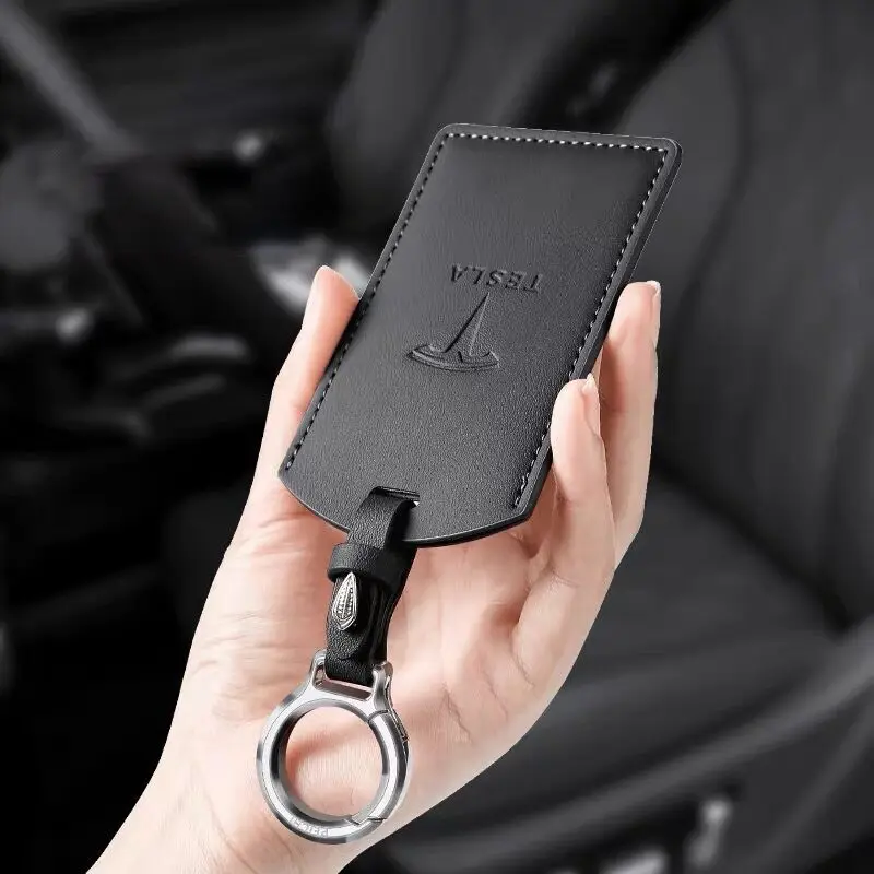 Image of Leder-Autoschlüsselhülle mit NFC-Karte, Schutzhülle für Tesla Model 3, Model S, Model X, Model Y, Schlüsselanhänger-Zubehör