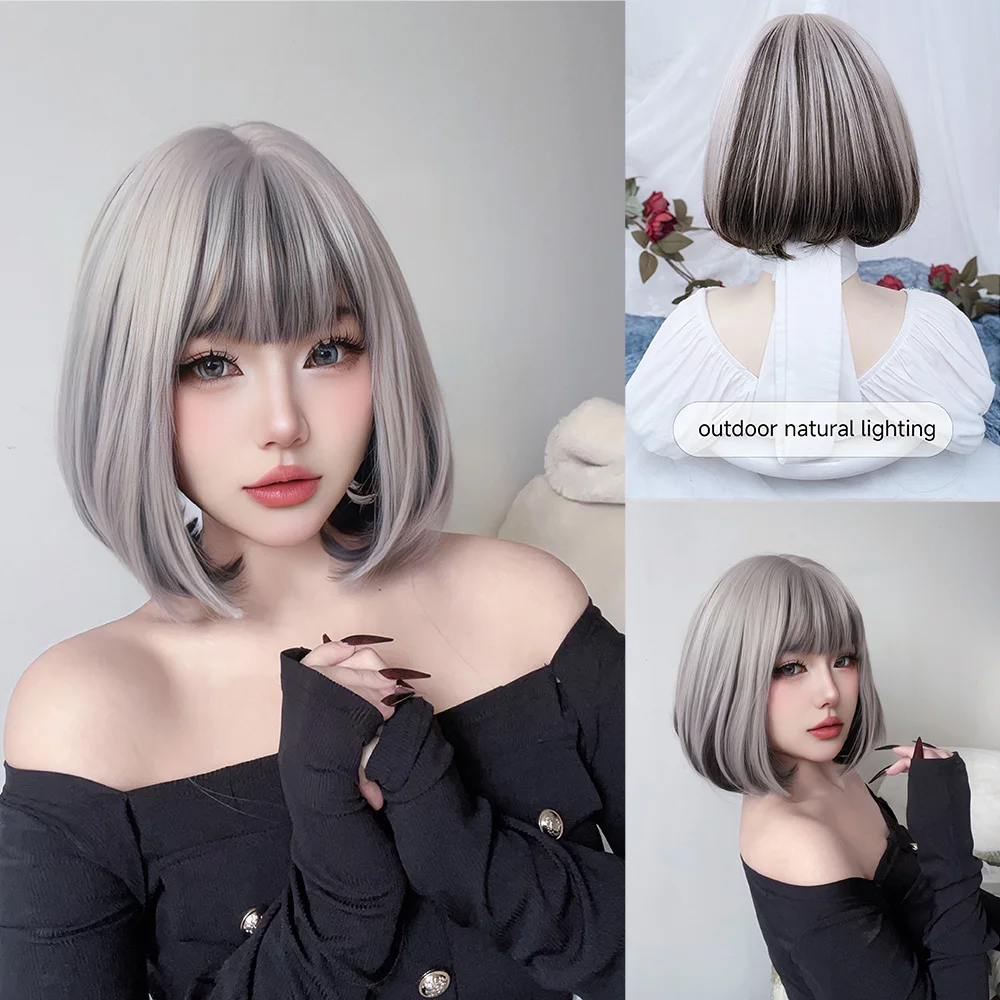 12Inch Silver Gray and Black Lolita Special Style Synthetic Wigs With Bang Short Natural Straight Hair For Women Heat Resistant