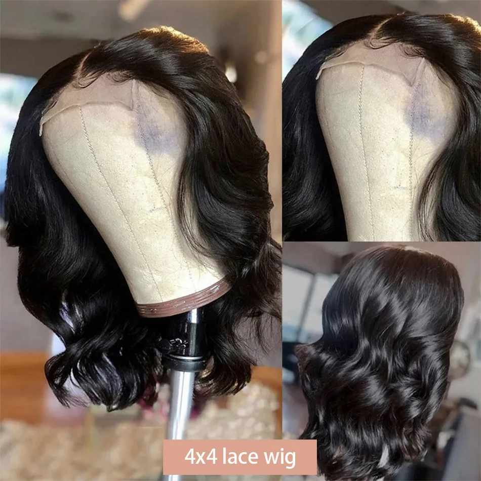 13x4 Short Bob Body Wave Lace Frontal Wig 4x4 Transparent Lace Wigs 200% Density Brazilian 100% Human Hair For Women 12 14 Inch