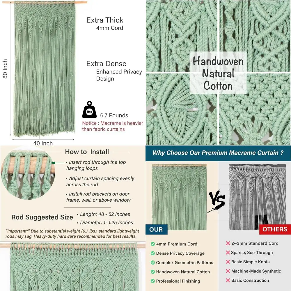 

Handcrafted Macrame Wall Hanging - Sage Green Bohemian Curtain - 40x80 Room Divider for Home