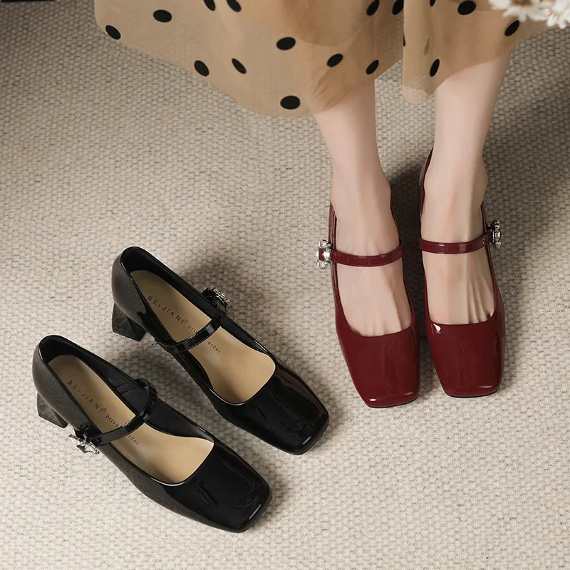 Red thick heels, Mary Jane shoes, women's French retro square toe high heels, patent leather, shallow cut small leather shoes