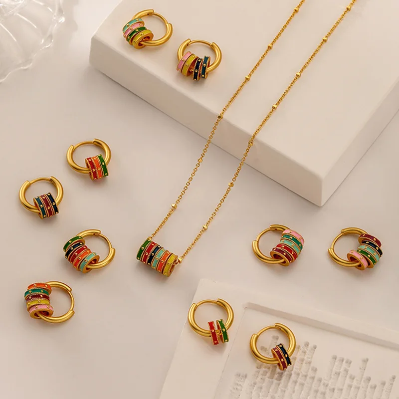 

Retro matte colored enamel ring earrings necklace with a luxurious and exquisite feel