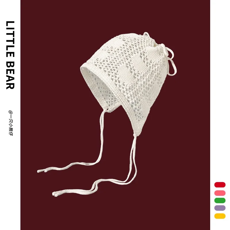 

Ins New White Hollow Knitted Pullover Hats for Women Summer Autumn Thin Breathable Versatile Show Face Small Cute Strap Beanies