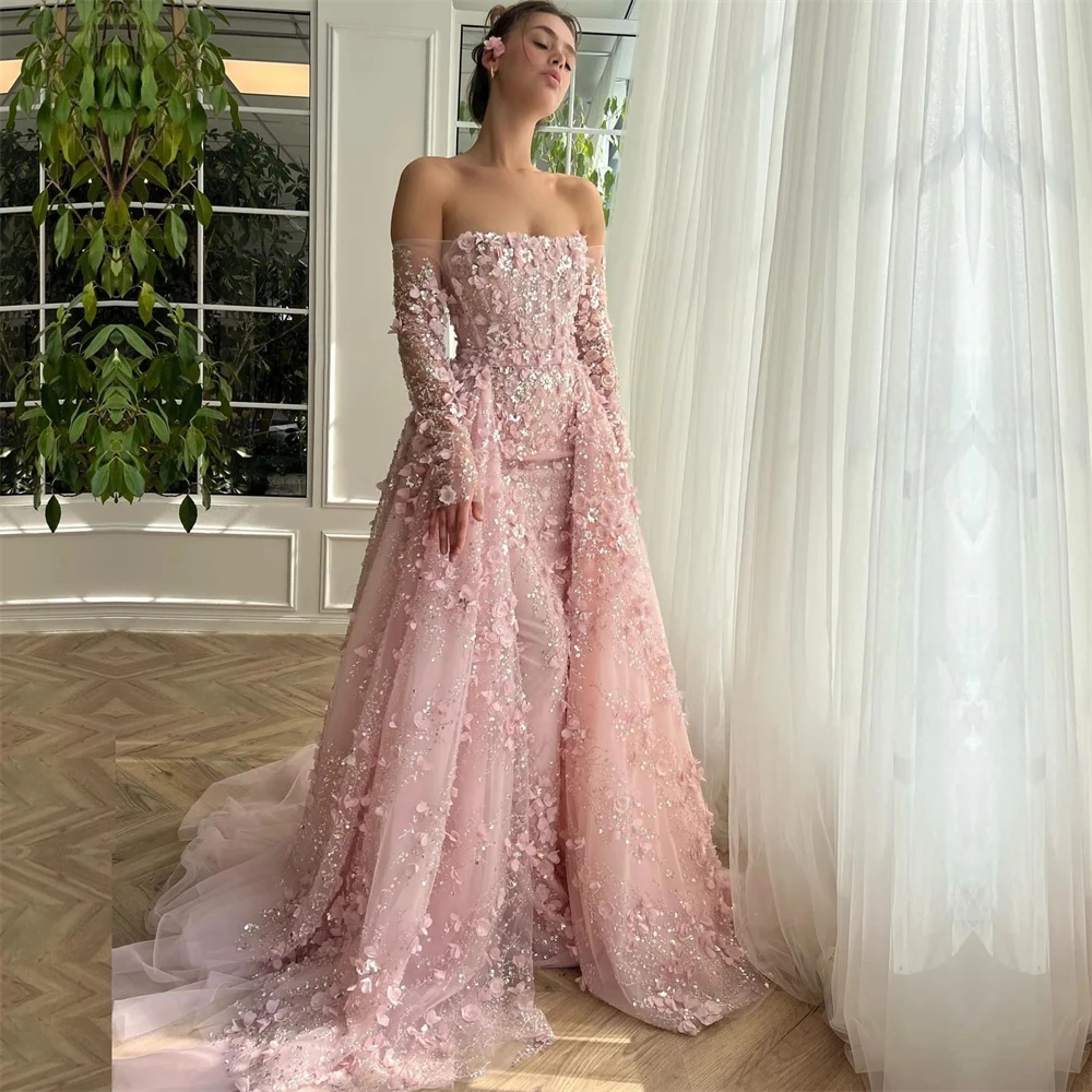 Customized Tulle Draped Applique Sequined Evening A-line Off-the-shoulder Bespoke Occasion Gown Long Dresses