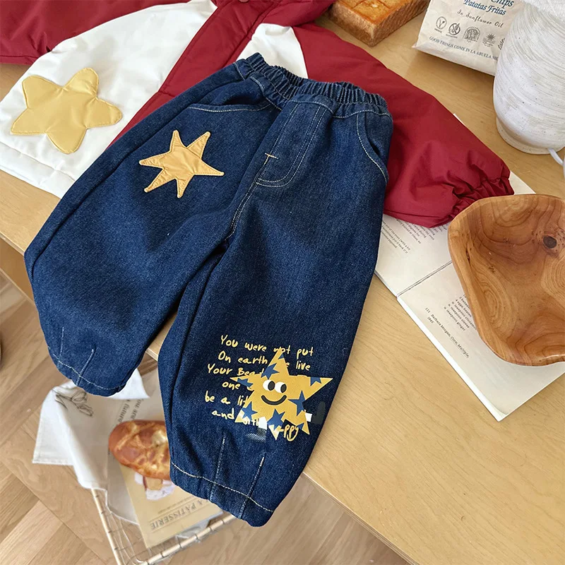 

Kids Baby Boy Jeans 2025 Winter Cartoon Printed Thick Warm Toddler Boy Demin Pant Casual Elastic Waist Teenager 1-6Y Boy Trouser