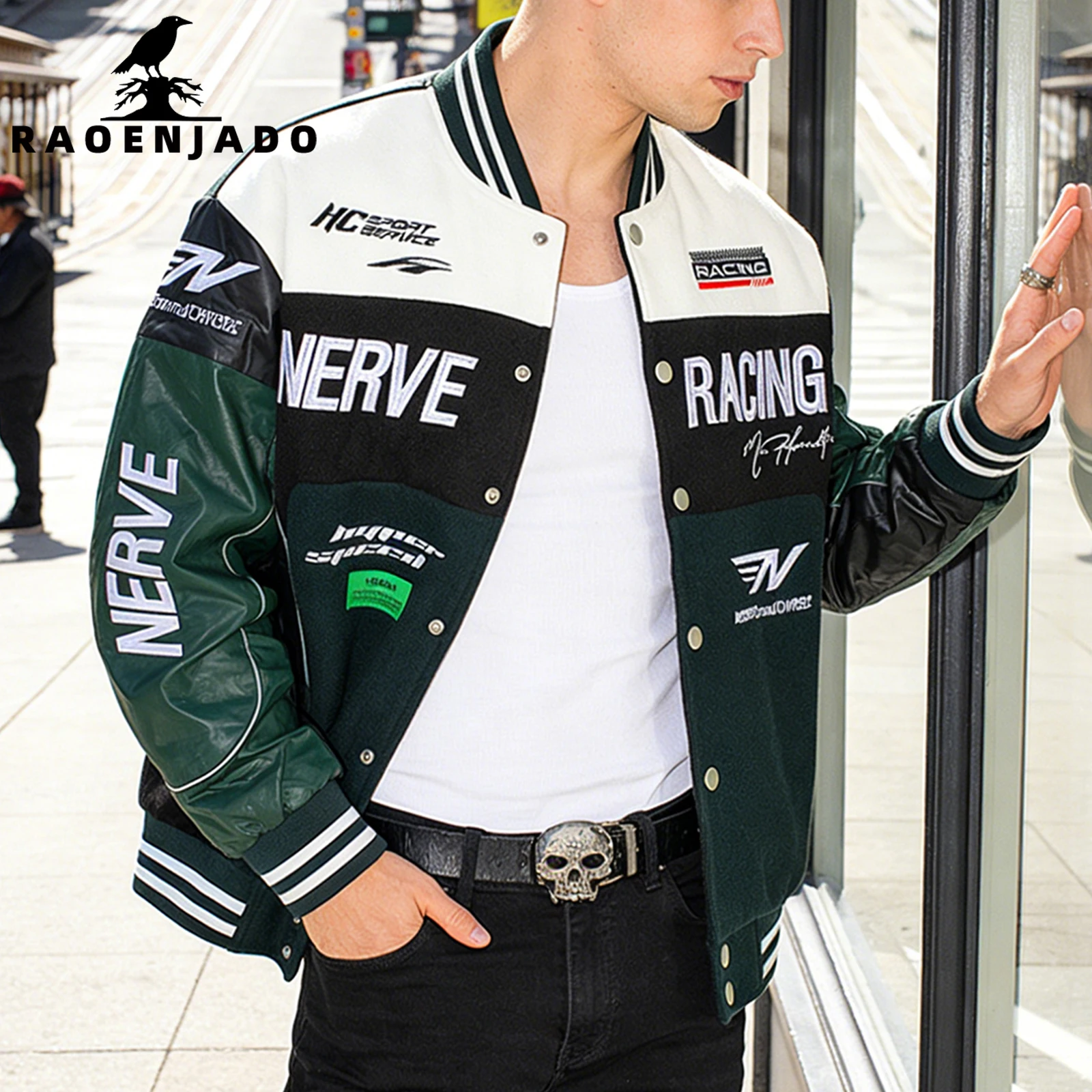 Men's Letterman Bomber Jacket Vintage Casual Varsity Coat Motorcycle Outerwear Baseball Streetwear with Faux Leather Sleeves