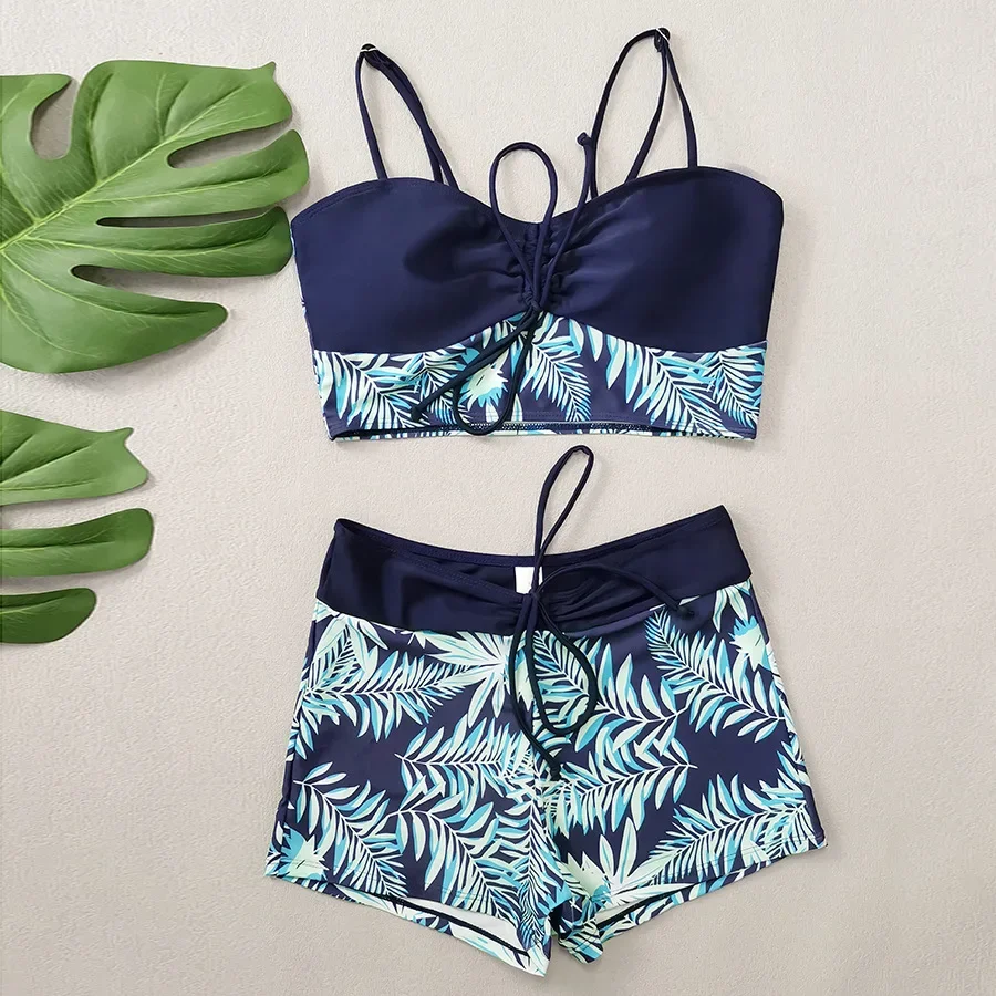 sexy leaves print drawstring vest bikinis shorts sets two pieces swimsuits beachwear bathing suit swimwear biquini tankini