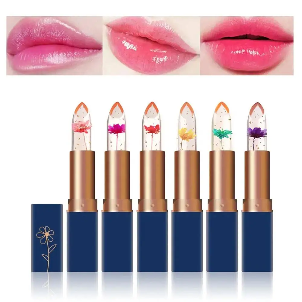 Balsamo per le labbra tubo blu scuro trasparente rossetto fiore essiccato oro Lip Jelly colore foglia cura che cambia idratante I7s1