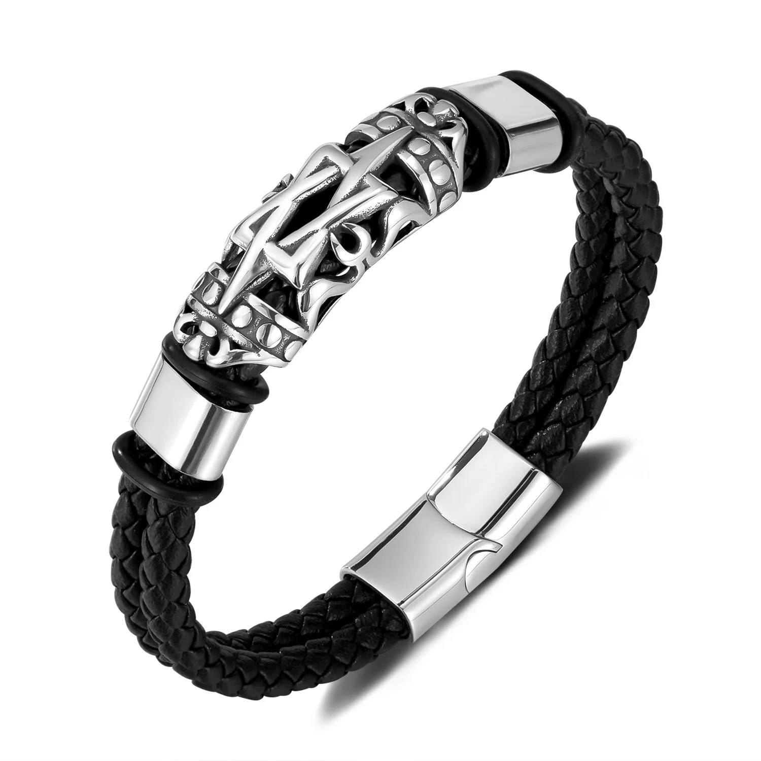 الأوروبية والأمريكية الأزياء والجلود سوار الرجال الفولاذ المقاوم للصدأ شخصية الاتجاه الهيب هوب هندسية المنسوجة سوار من الجلد #4