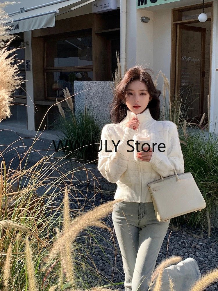 White Turtleneck Slim Elegant Zipper Sweaters Korean Chic Simple Y2k Aesthetic Women\'s Coats Fashion All Match Knitted Cardigan