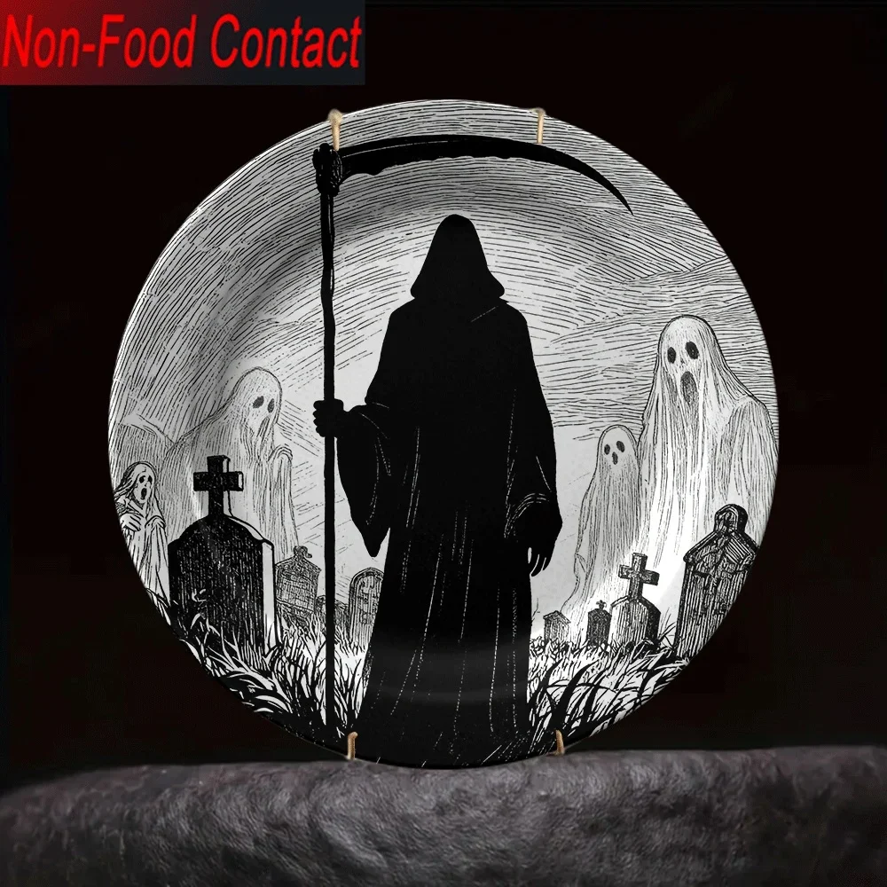 1pc Gothic Grim Reaper & Tombstone Ceramic Plate - Round Dark Blue/Black/White Haunted Mansion Decor, Non-Food Contact