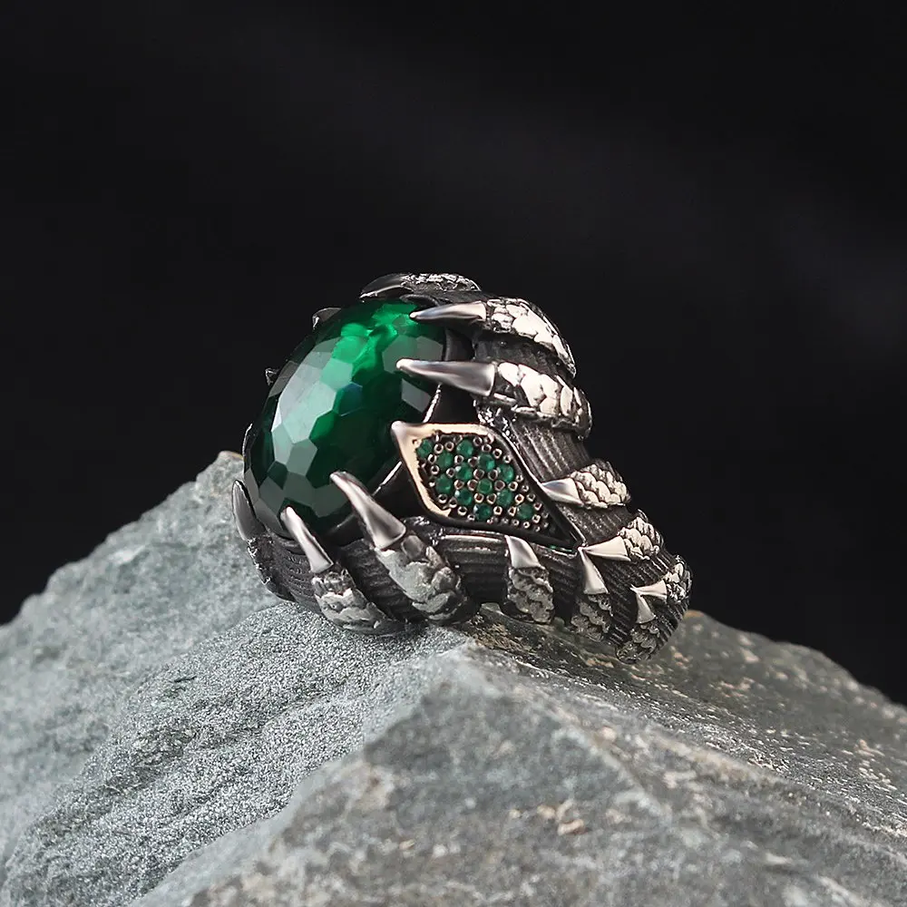 

Green Zircon Stone Claw Jewelry For Men 925 Sterling Silver Men's Ring