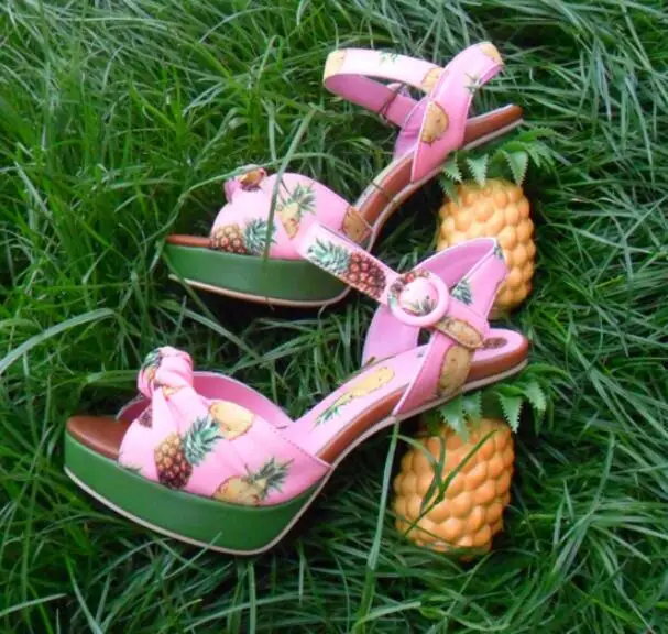 Bohemia Pineapple Heel Sandals Summer Platform Pink Black Printing Fruit Pineapple Chunky Heels Sandal Woman Ankle Strap Shoes
