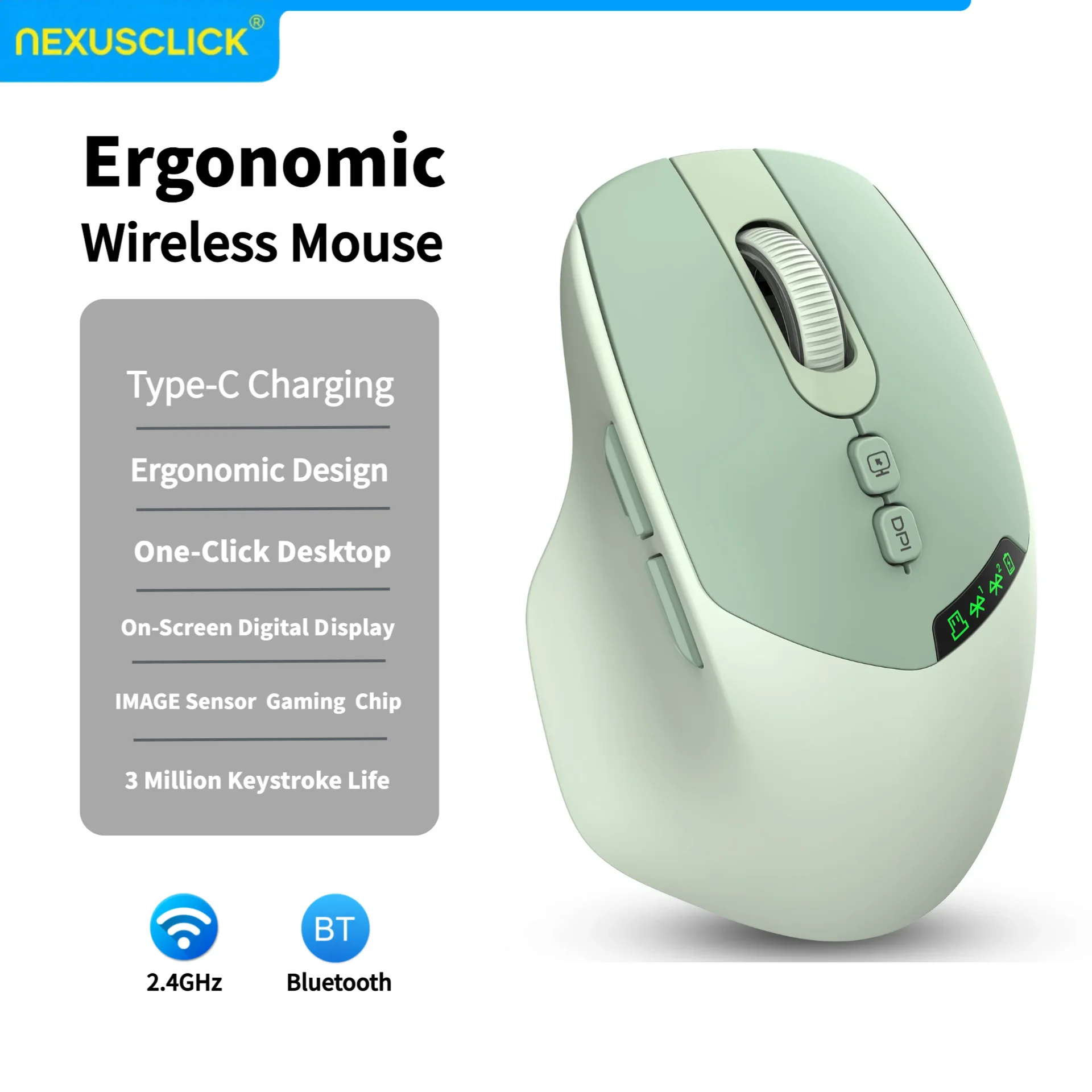 

NexusClick 2026 Ergonomic Wireless Mouse With Screen display,Dual Mode Silent Click DPI Adjustable Gaming Mice For PC Office IOS