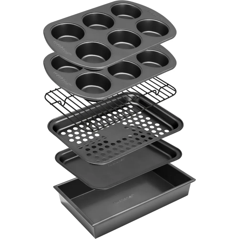 

6-Piece Toaster Oven Bakeware Set, Non-Stick Stackable Baking Pans with Muffin Trays and Roasting Pan