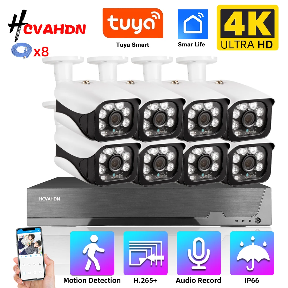 

Tuya 4K POE NVR Kit 8CH Smart Life HD CCTV Camera System with 8MP IP Camera Outdoor Video Surveillance Audio Record Security Set