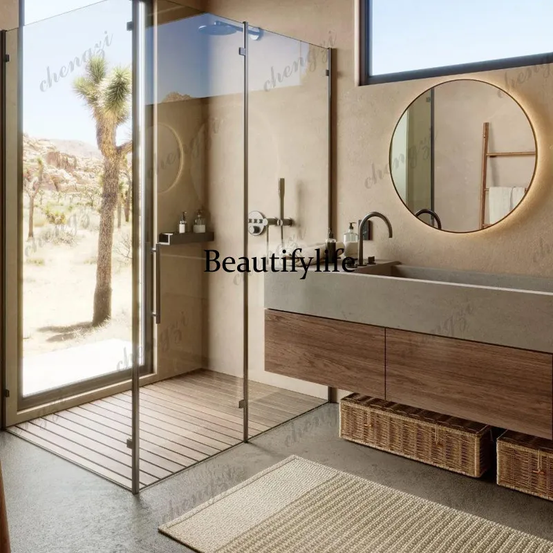Wabi Sandy Wind Antique Bathroom Cabinet Rock Slate Integrated Basin Rock Slate Hot Bending Basin Walnut Washing Cabinet