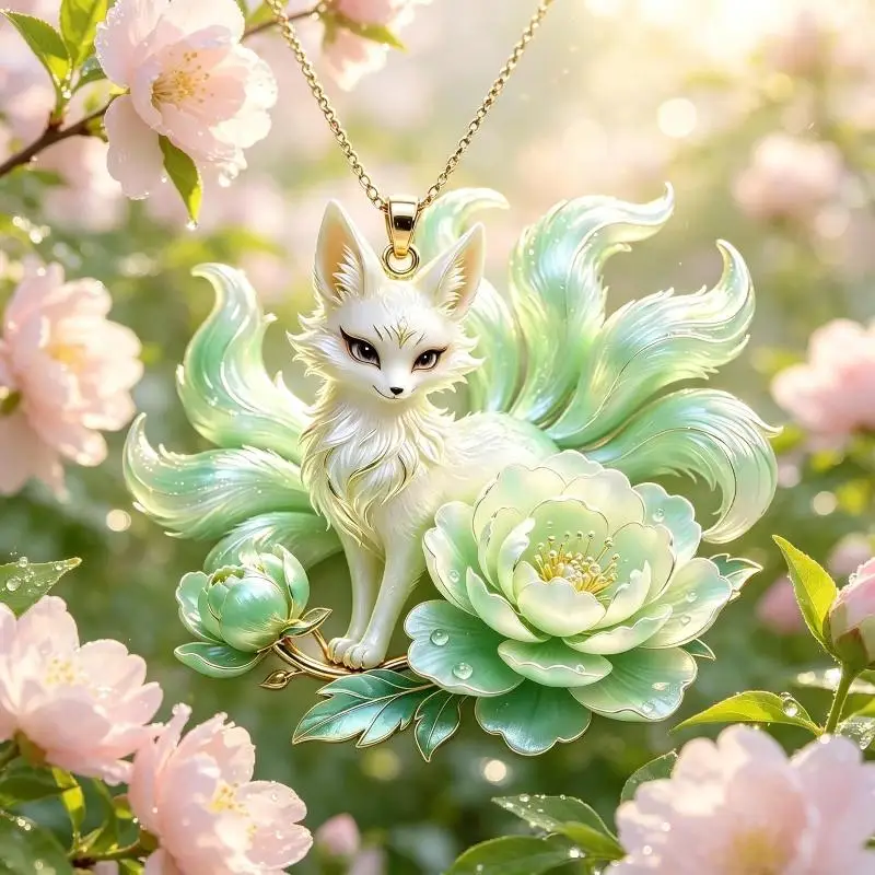 Nine Tailed Fox Pendant Necklace Beautiful Peony Blossom Pendant Nickel Free Jewelry for Women Gifts