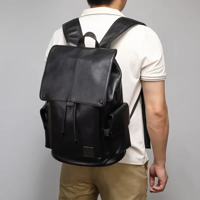 Aijiang new leather men's waterproof backpack casual large capacity fashion travel polyester lining 15.6 inches