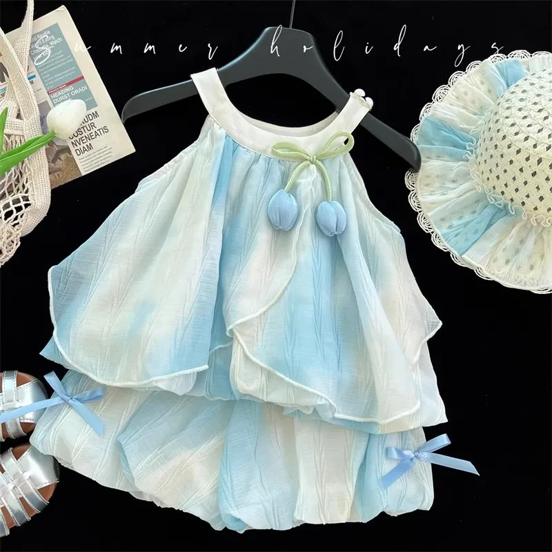 

TOY-Girls' Summer Sweet Outfit Children's Stylish Sleeveless Strap Shorts Two-Piece Set Little Girl's Flower Pants Summer Fashio