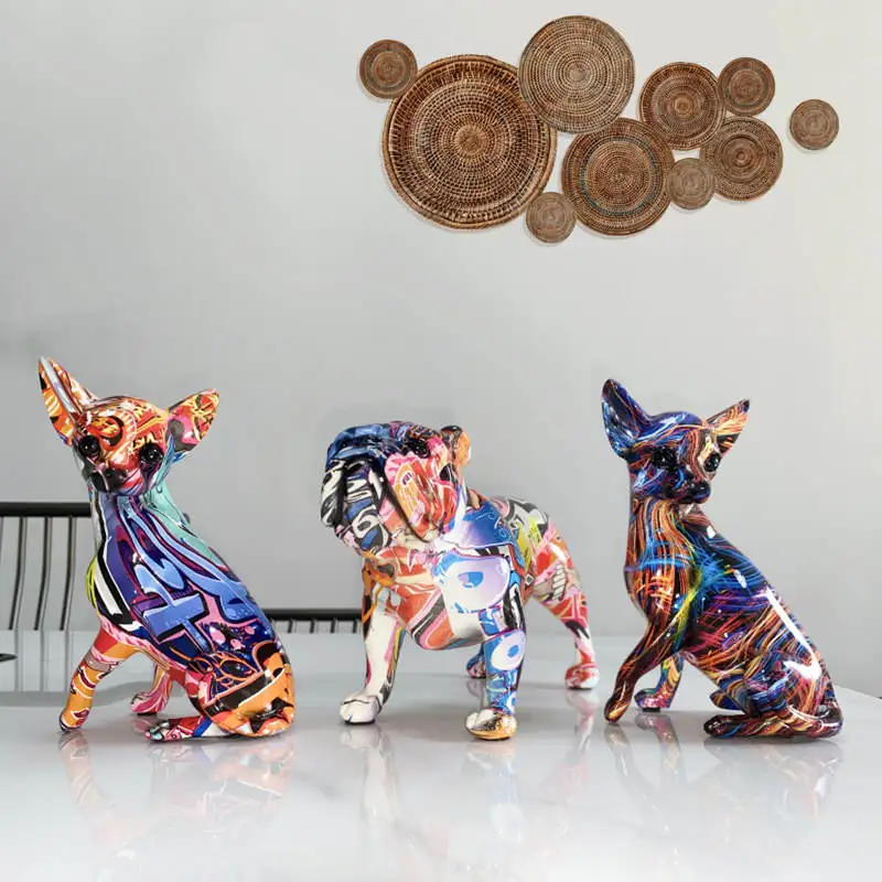 Resin French Bulldog Graffiti Dog Statue Home Tabletop Decor Chihuahua Animal Figurine Sculpture Interior Room Desk Decoration