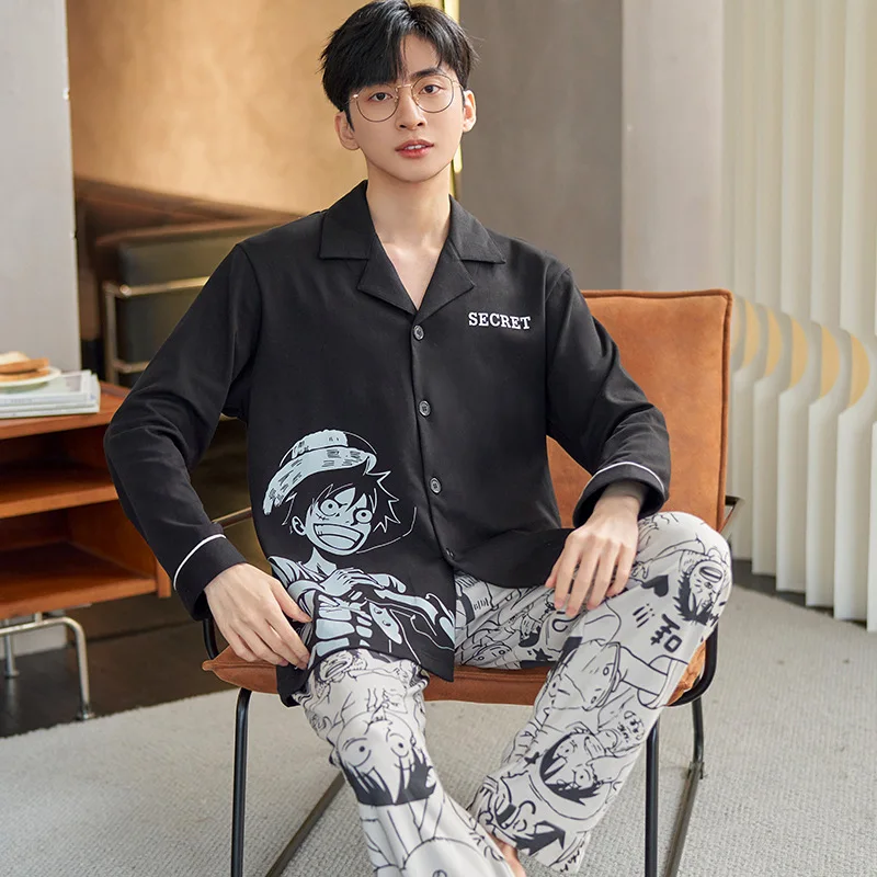 ONE PIECE Luffy 2024 autumn youth pure cotton cartoon suit men's long-sleeved trousers cardigan loose pajamas loungewear