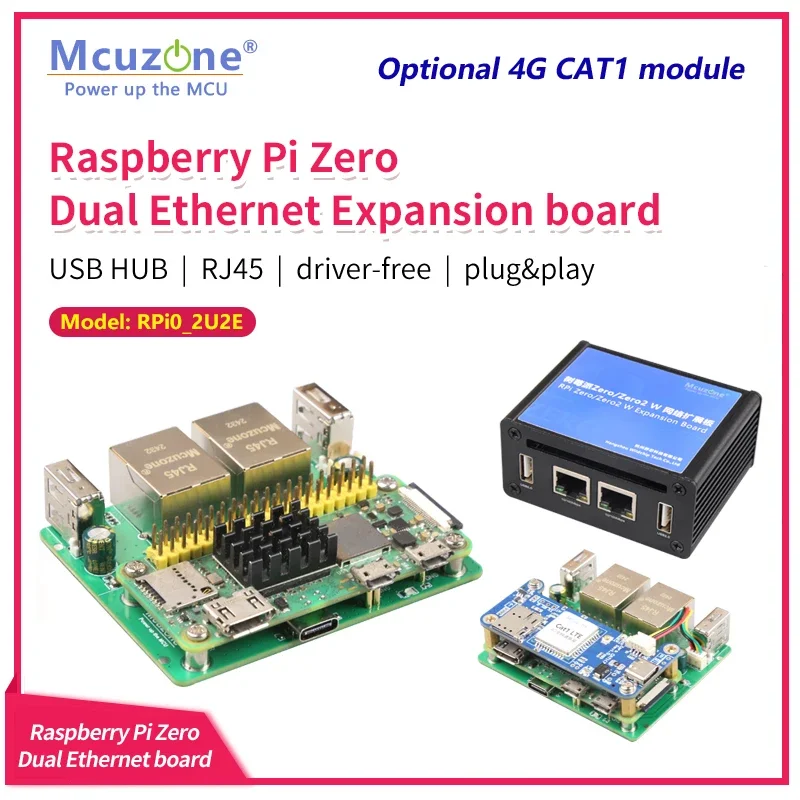 

RPi0_2U2E,Dual Ethernet and USB board for RaspberryPi zero W/WH, zero2 W, USB HUB, 4G LTE driver-free,