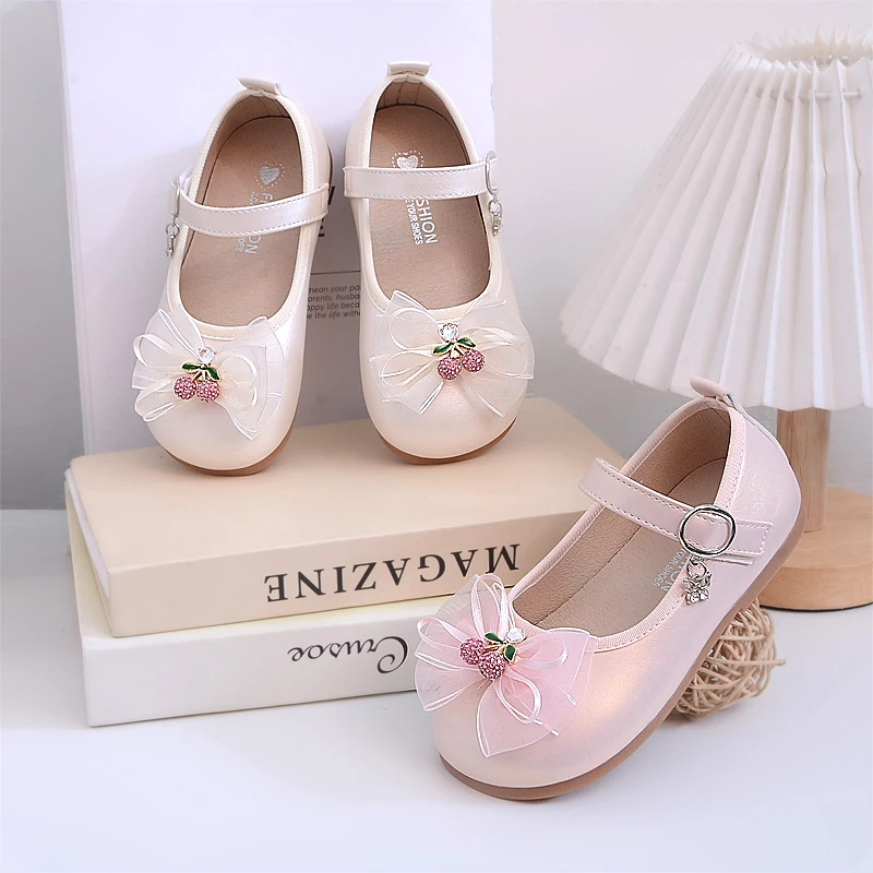 Girls Mary Jane Shoes with Cherry Children Flats Princess Shoes Soft Sole Kids Leather Shoes for Party Wedding Size 22-31