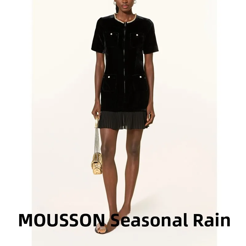 

Spring Autumn New Style Women's Black Satin Velvet Pearl Zipper Short Sleeve round Neck Dress Luxury French Style Midi Dress