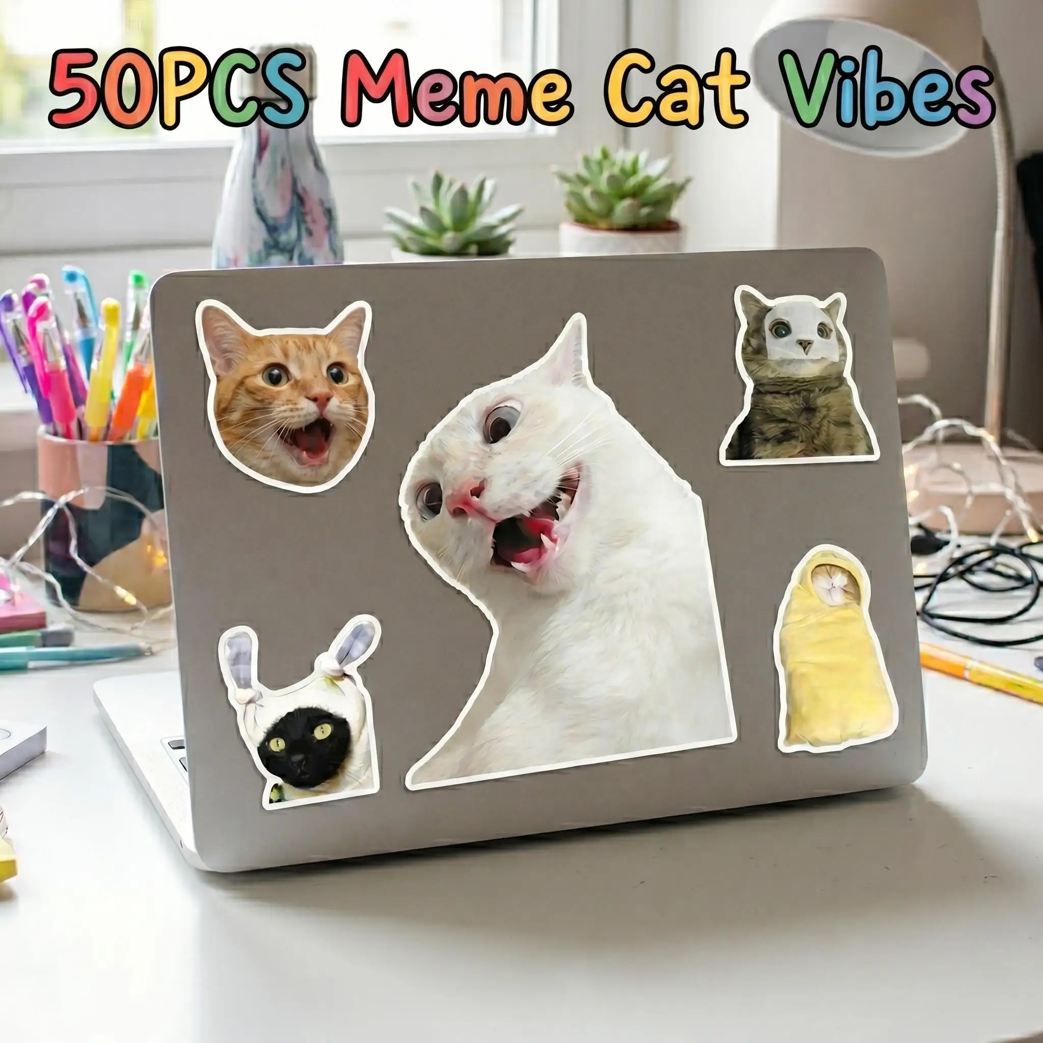 

50Pcs Funny Cat Meme Stickers Waterproof Vinyl Weird Kitten Decals Laptop Water Bottle Phone Case Scrapbook Prank Gag Gift